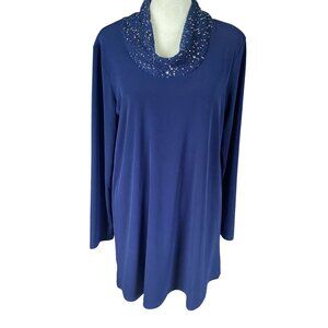 Susan Graver blue sequin cowl neck long sleeve stretchy tunic top blouse size S